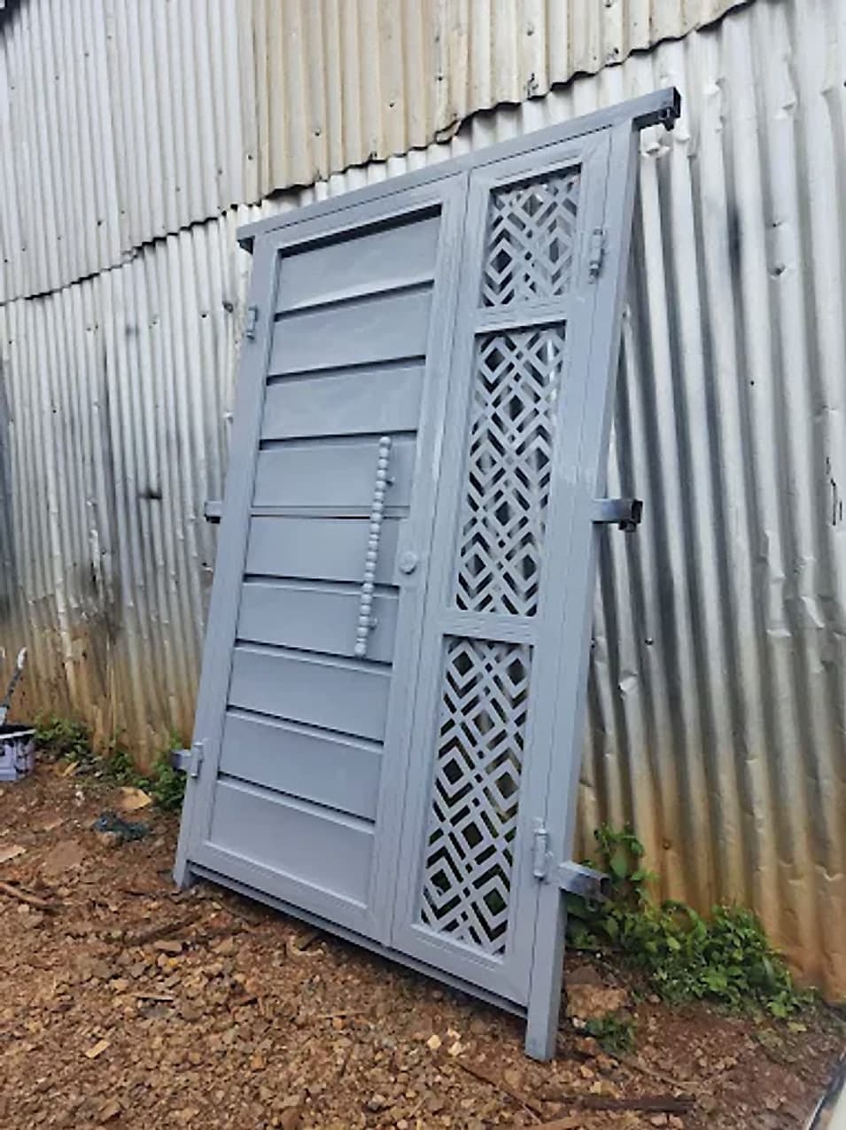 Grey Louvred Door with Fretwork Panel